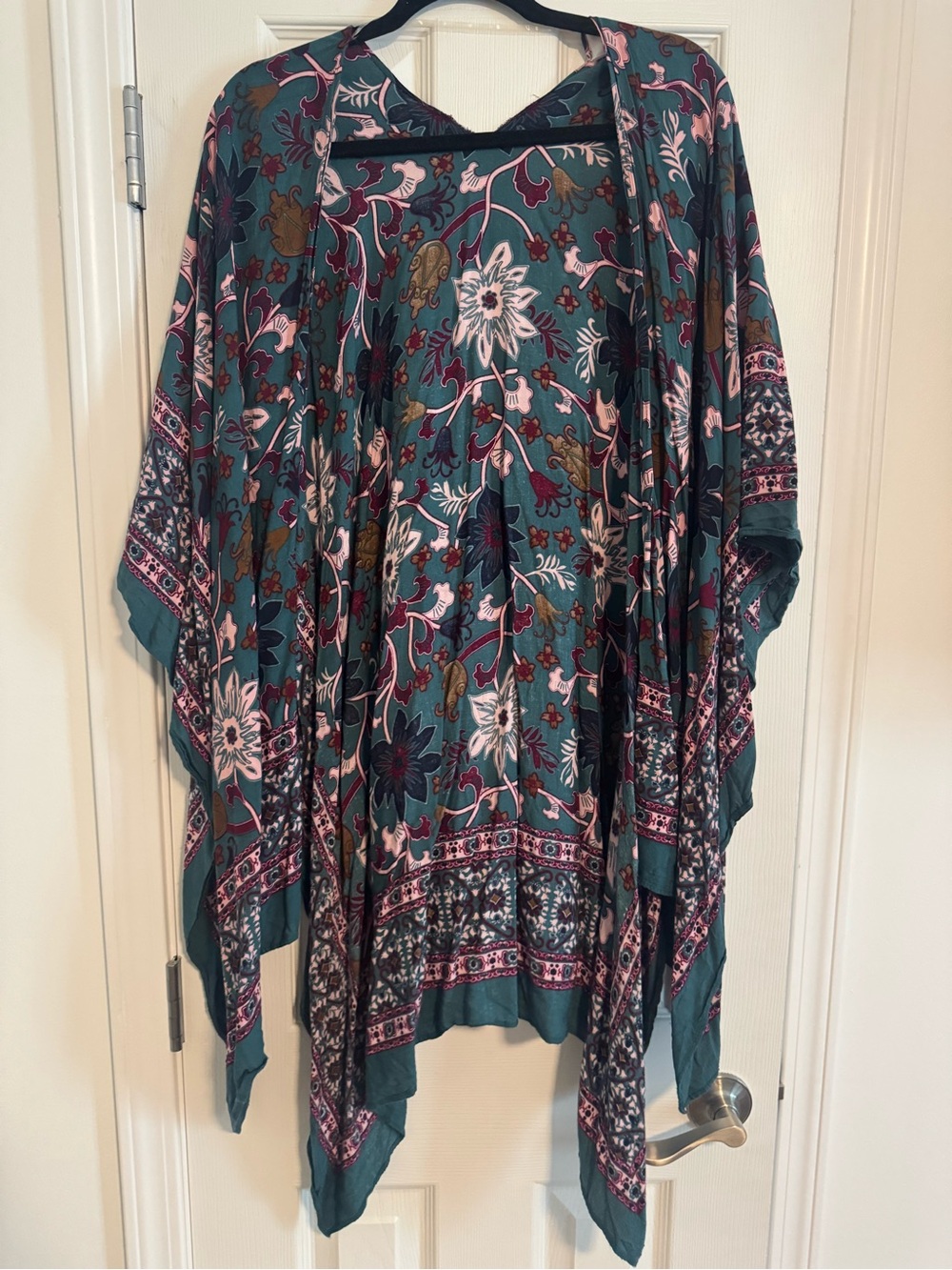 Time and Tru Teal Floral Kimono Cardigan with Pink Accents